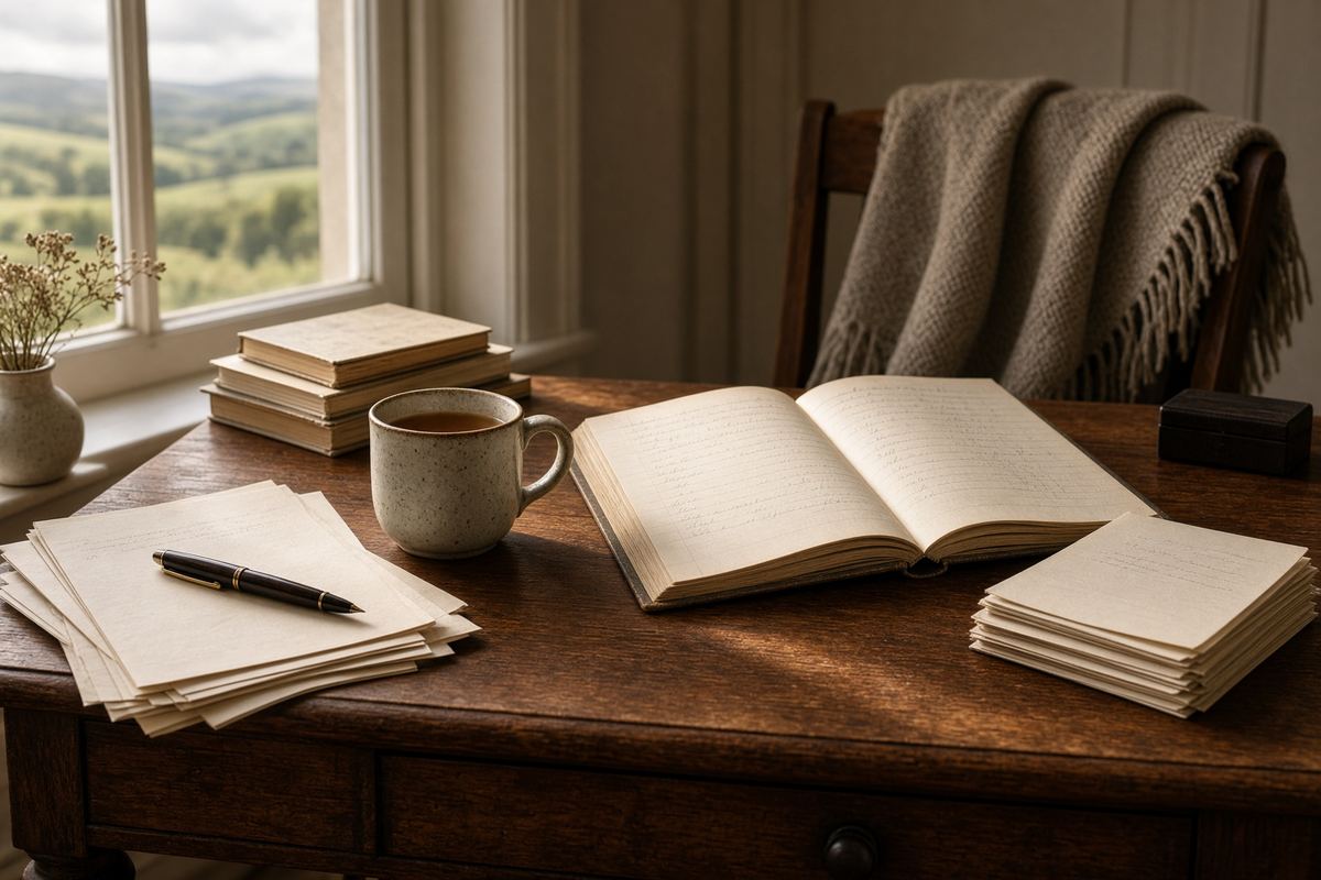 An economist’s wooden desk in a Scottish house, papers and a fountain pen