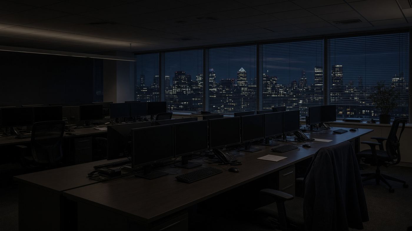 An empty dealing room in the City of London after hours