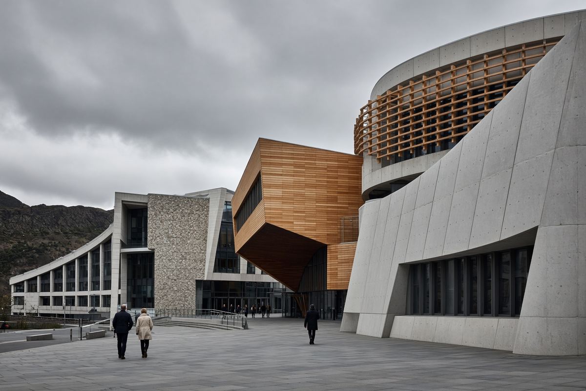 The Scottish Parliament at Holyrood under overcast light