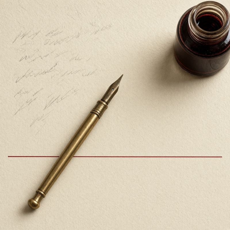 Paper, a brass pen and a bottle of dark ink