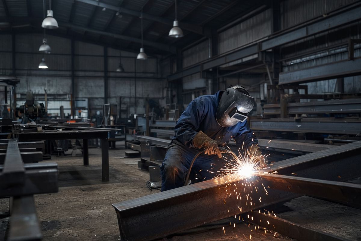 A British metal fabrication workshop with a welder at work
