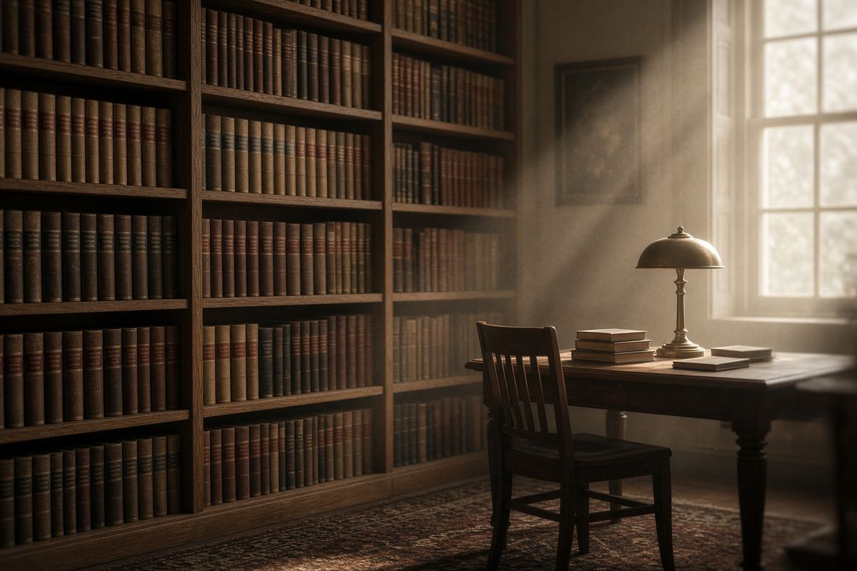 A research library with oak shelves and a reading lamp