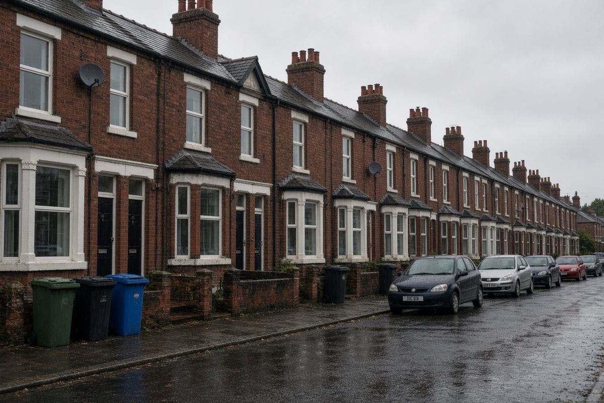 A wet British street of Victorian red-brick terraced houses