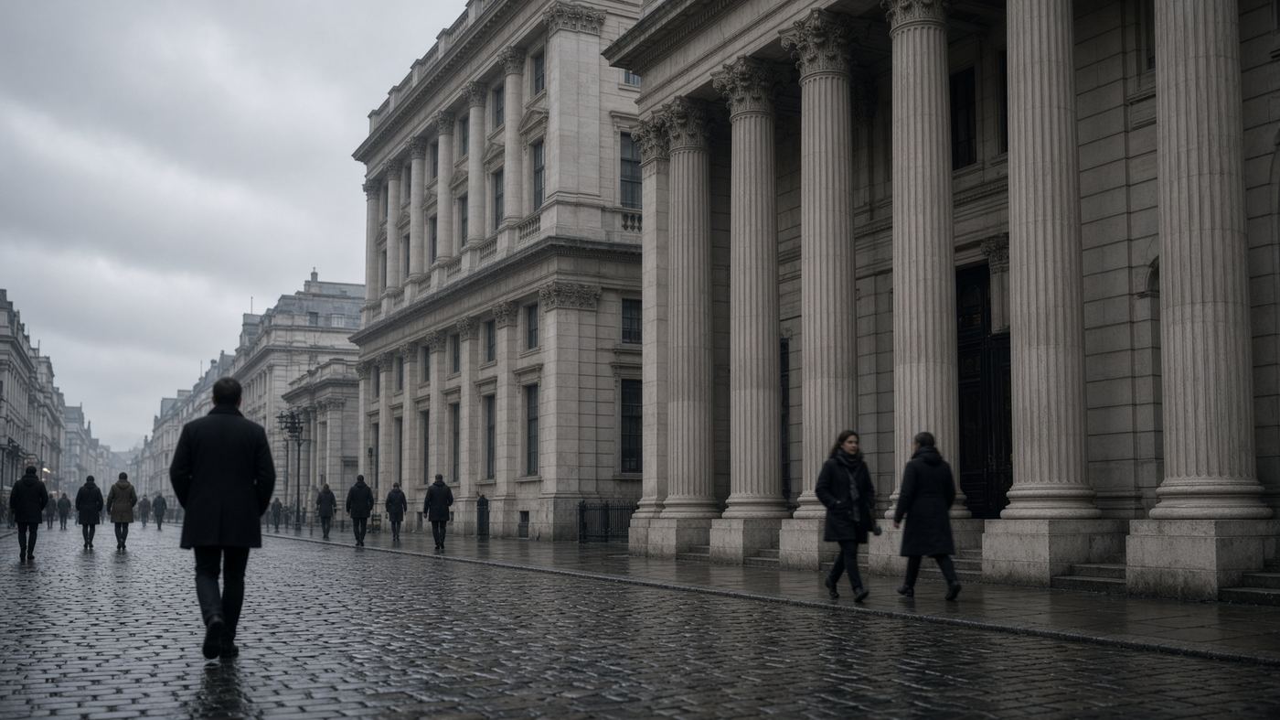 Threadneedle Street on a wet London morning, stone facades and commuters