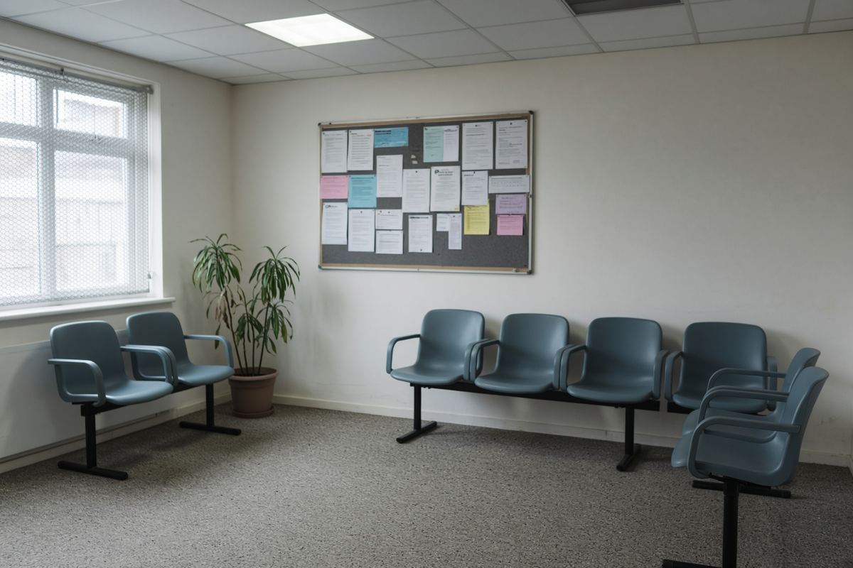 A quiet British GP waiting room in morning light